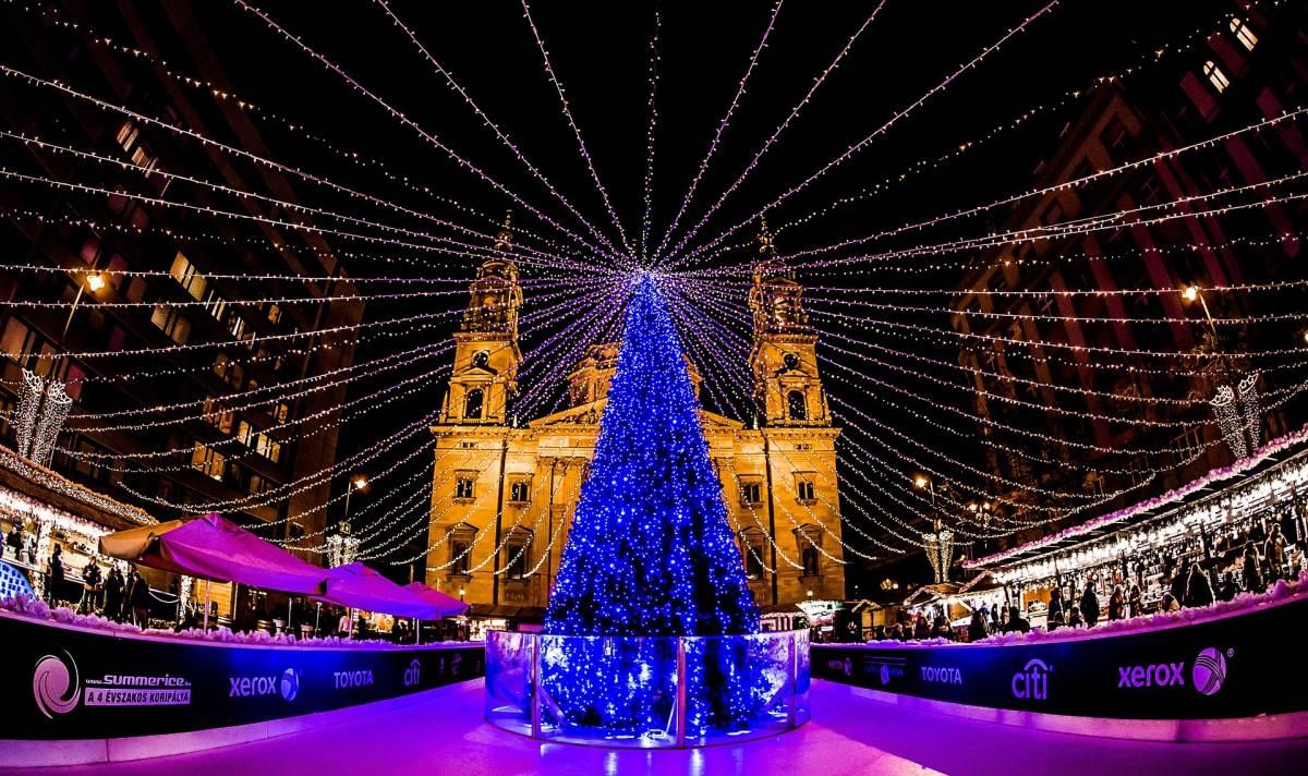 budapest christmas market with basilica background