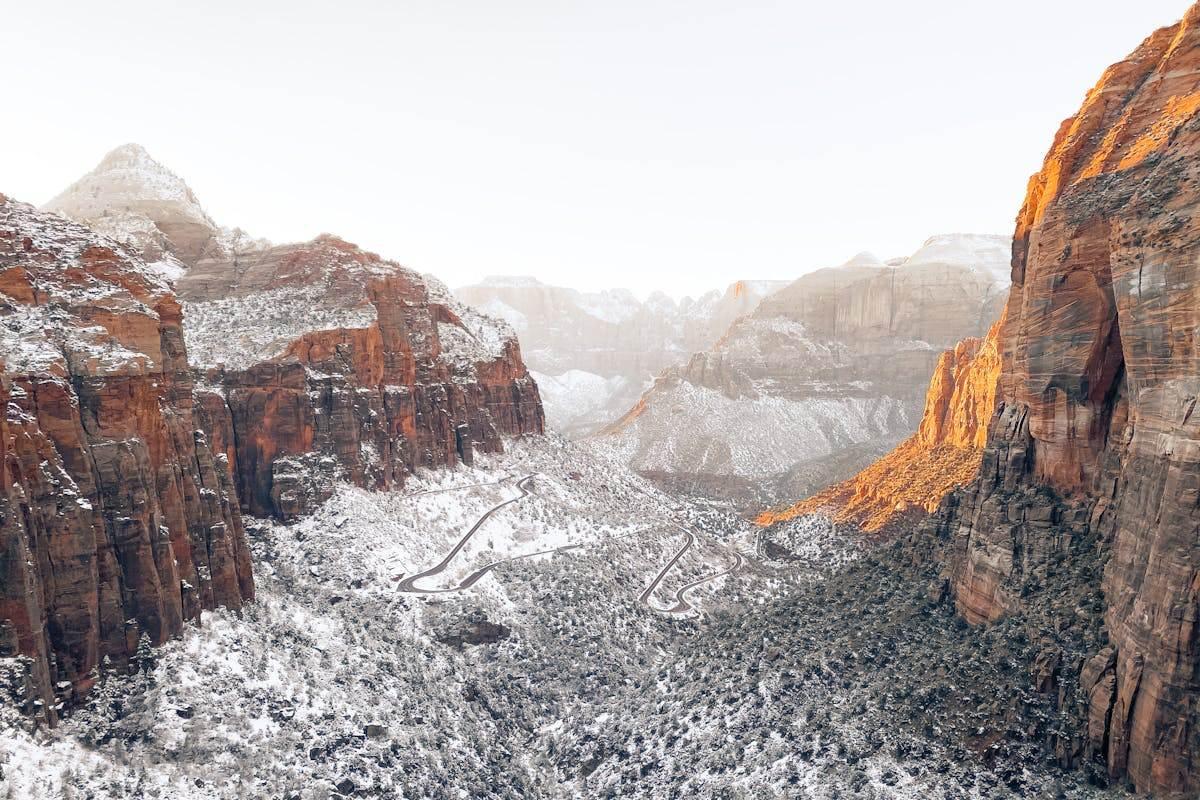 zion national park under the snow in january