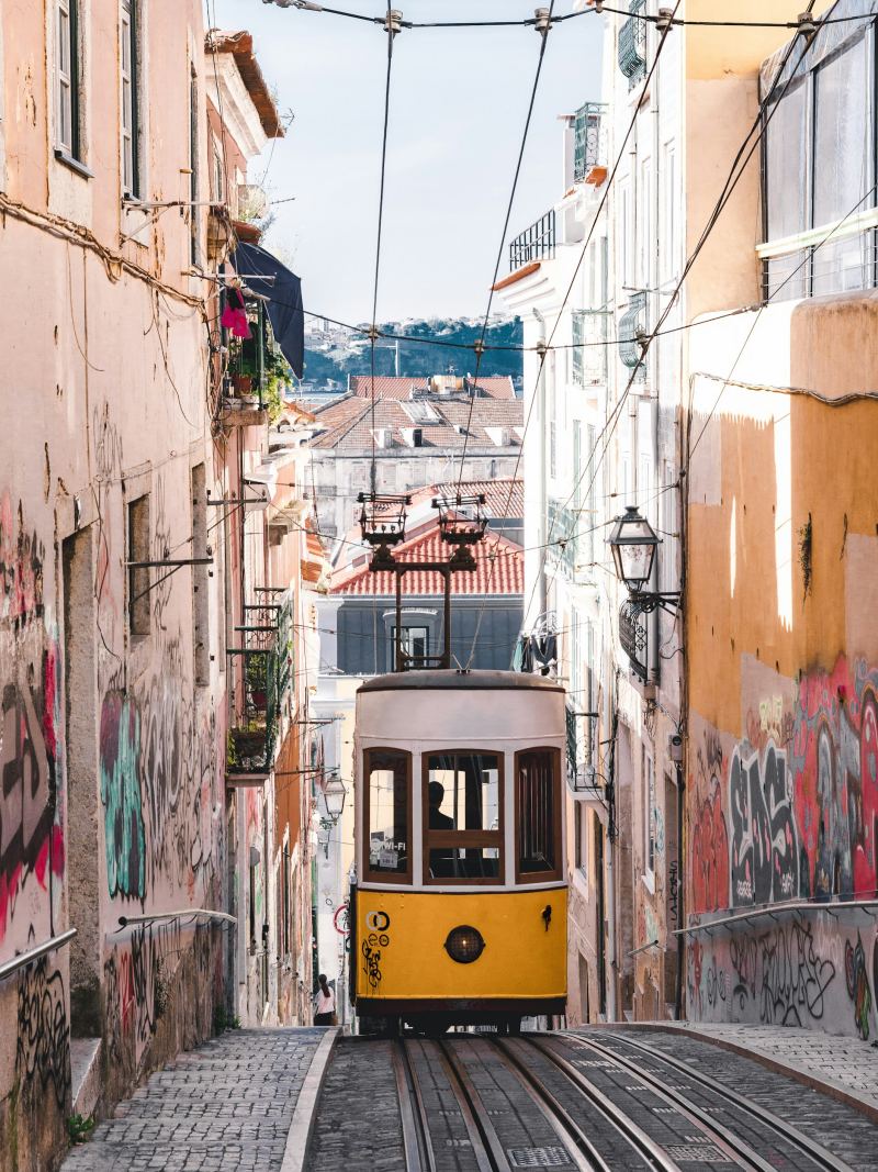 lisbon street with yellow tram